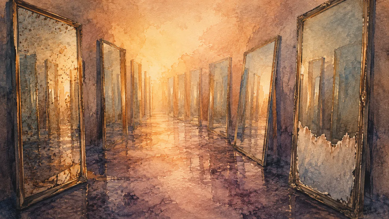 A hall of facing mirrors receding into depth, filled with a warm light that has no visible source