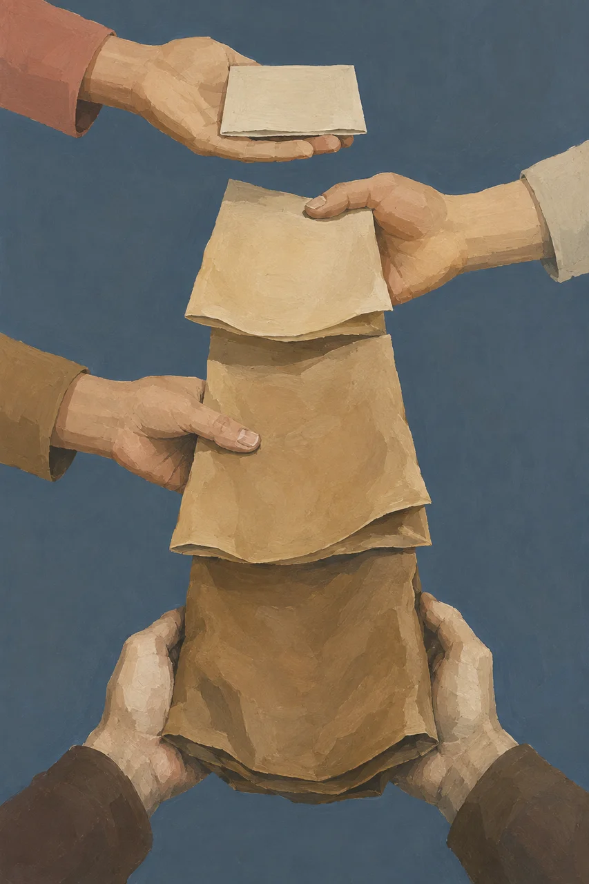 A folded note passed downward from hand to hand through a tall narrow frame, growing visibly heavier at each pair of hands