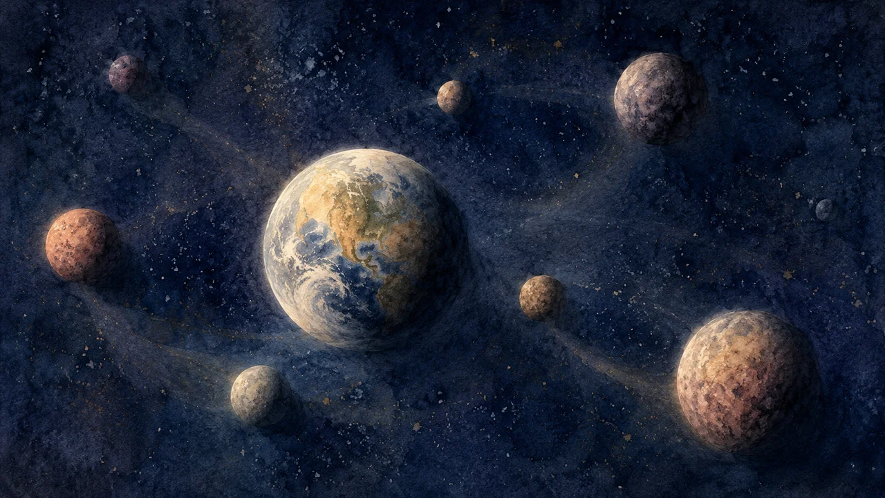 Earth at the centre of a wide dark field, other worlds arranged around it repeating its light and its shadow