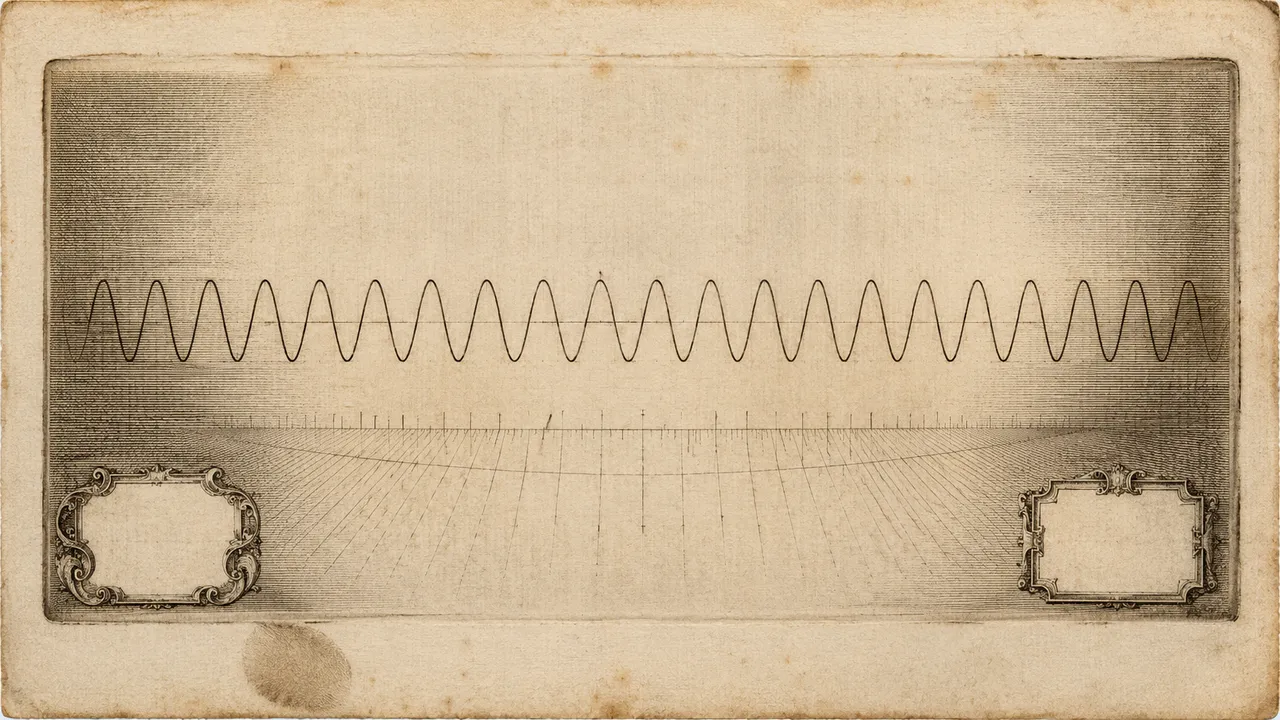 A single waveform drawn across a dark chart, the same trace serving two opposite readings at either end