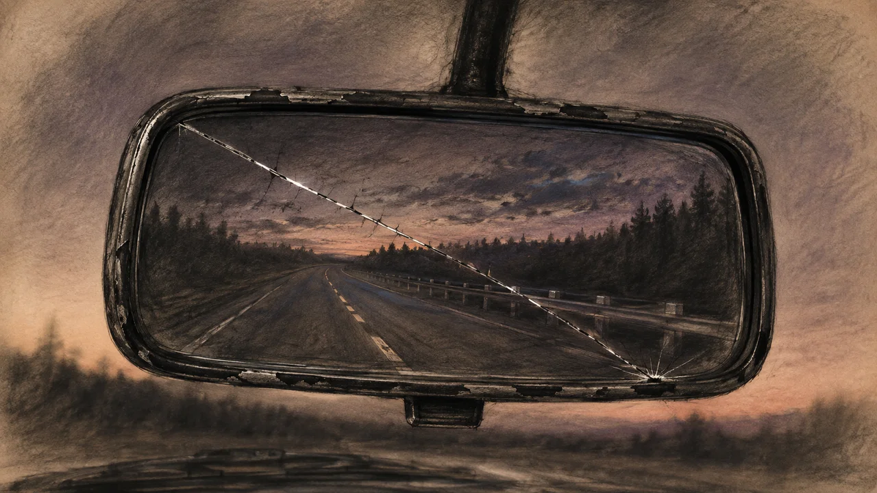 A cracked car rearview mirror at dusk, the stretch of road reflected in it subtly wrong