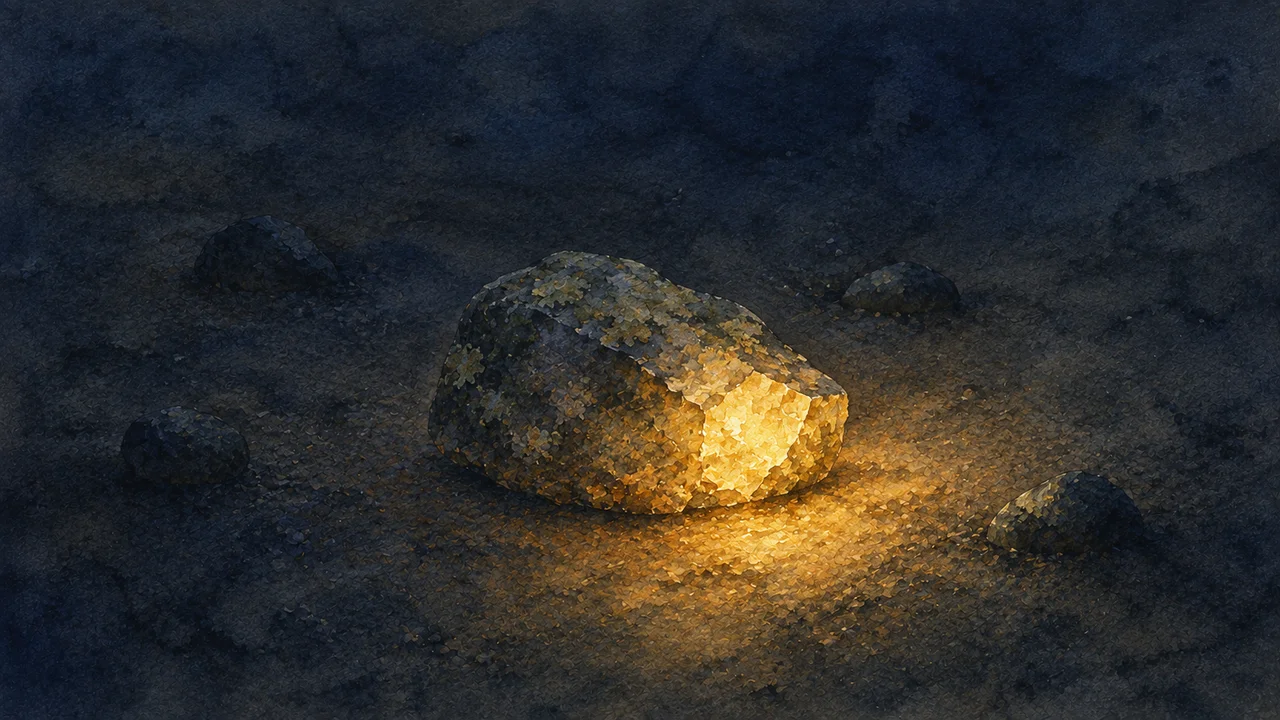 A rough stone resting on dark ground, glowing softly from inside itself with no external light falling on it