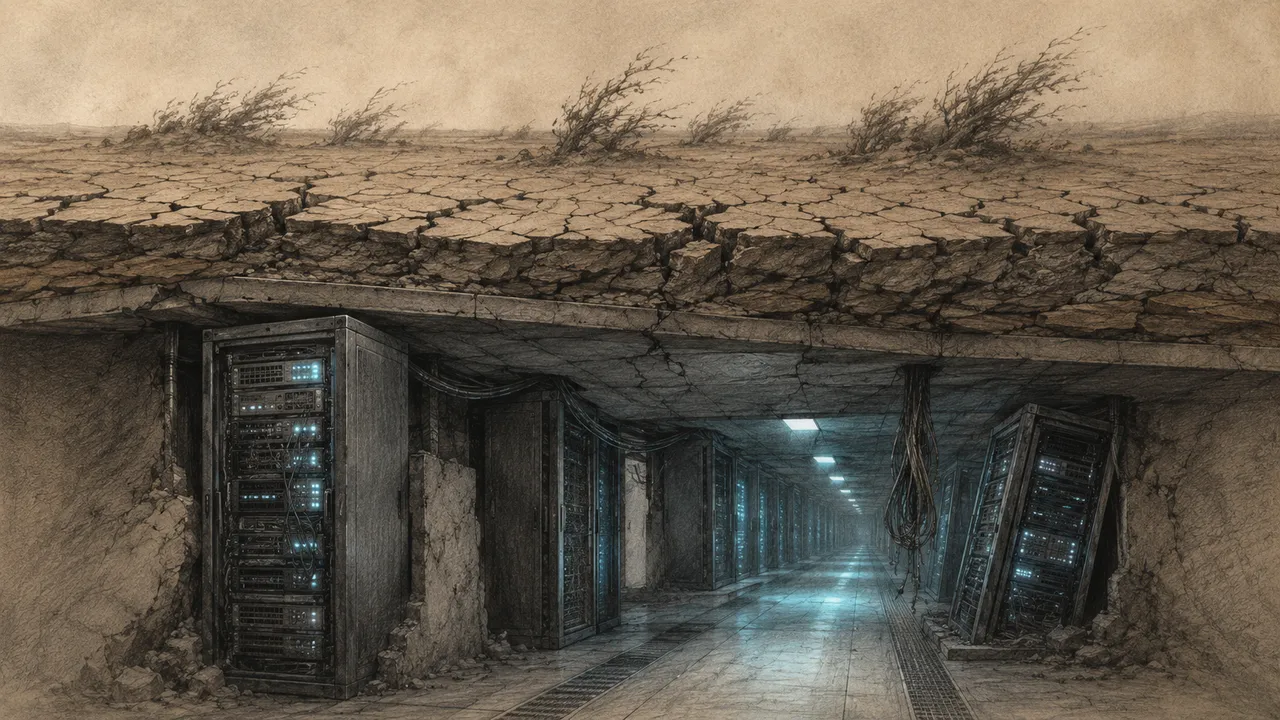 A long underground server corridor lit in cold blue, running away beneath a dry cracked landscape