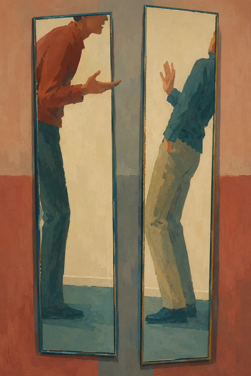 Two people arguing face to face, each one standing inside a separate tall mirrored panel that does not contain the other