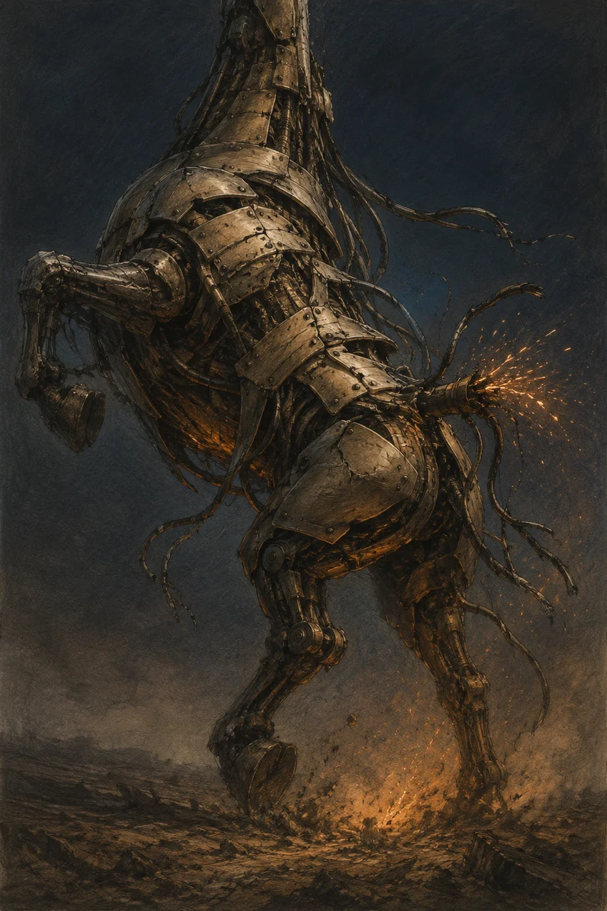 A tall mechanical animal wounded and thrashing against a narrow indigo sky, cables torn loose along its flank