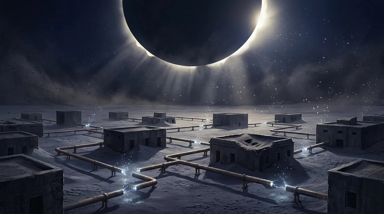 A dark solar eclipse ring above a wide night landscape, and beneath it a grid of data centers whose connecting lines break off unfinished