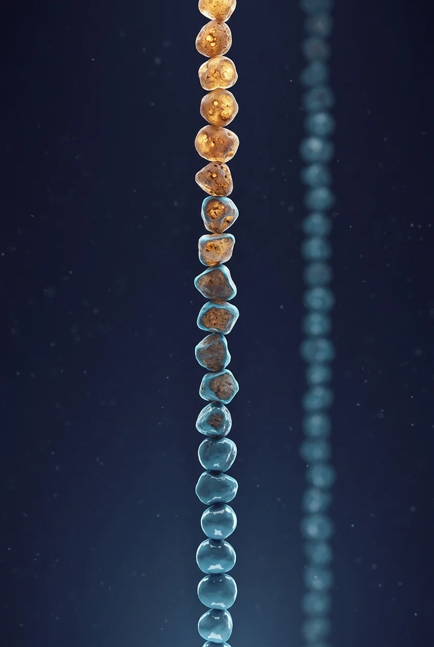 A vertical chain of particles closing over one by one under a blue layer, bare at the top and sealed at the bottom
