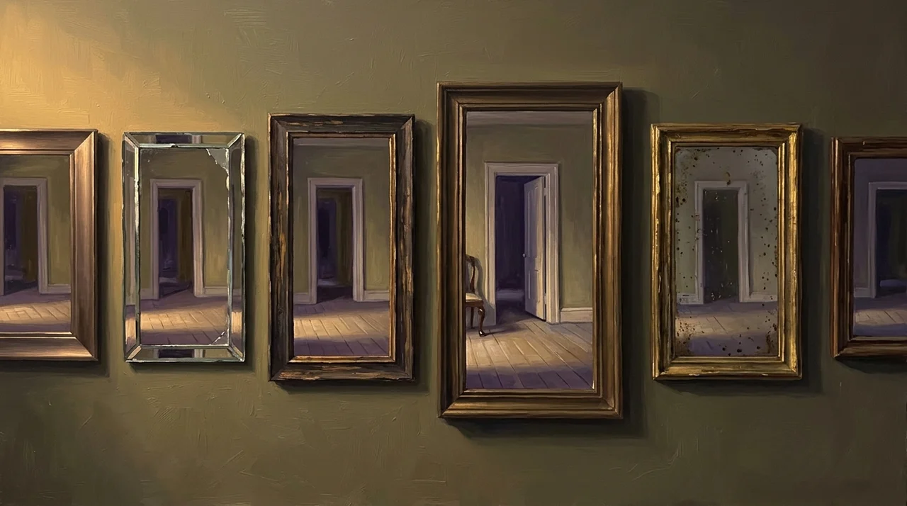 A row of mirrors in which one reflection sits slightly out of line with the others, caught in a single still moment