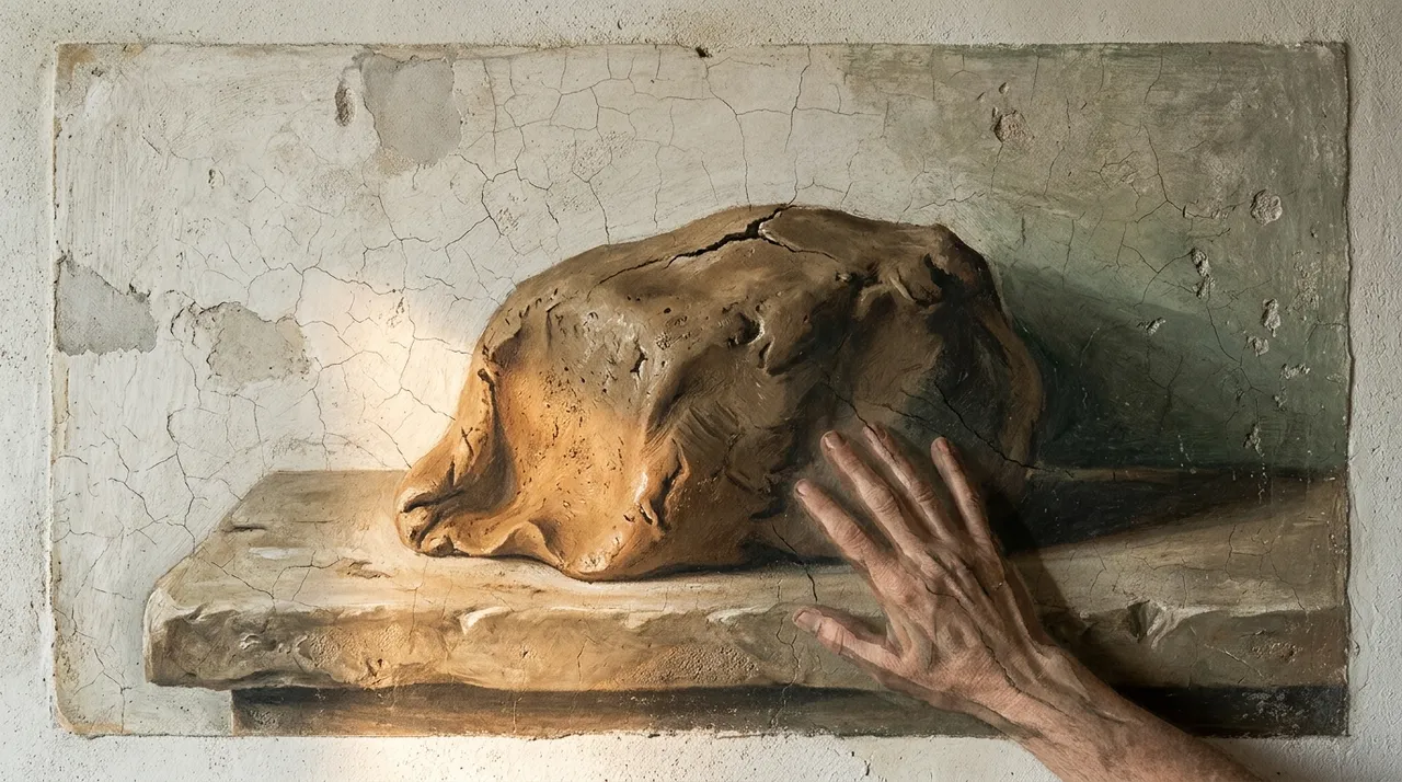 A hand resting on an unshaped lump of raw clay, light falling on the side that has not been carved yet