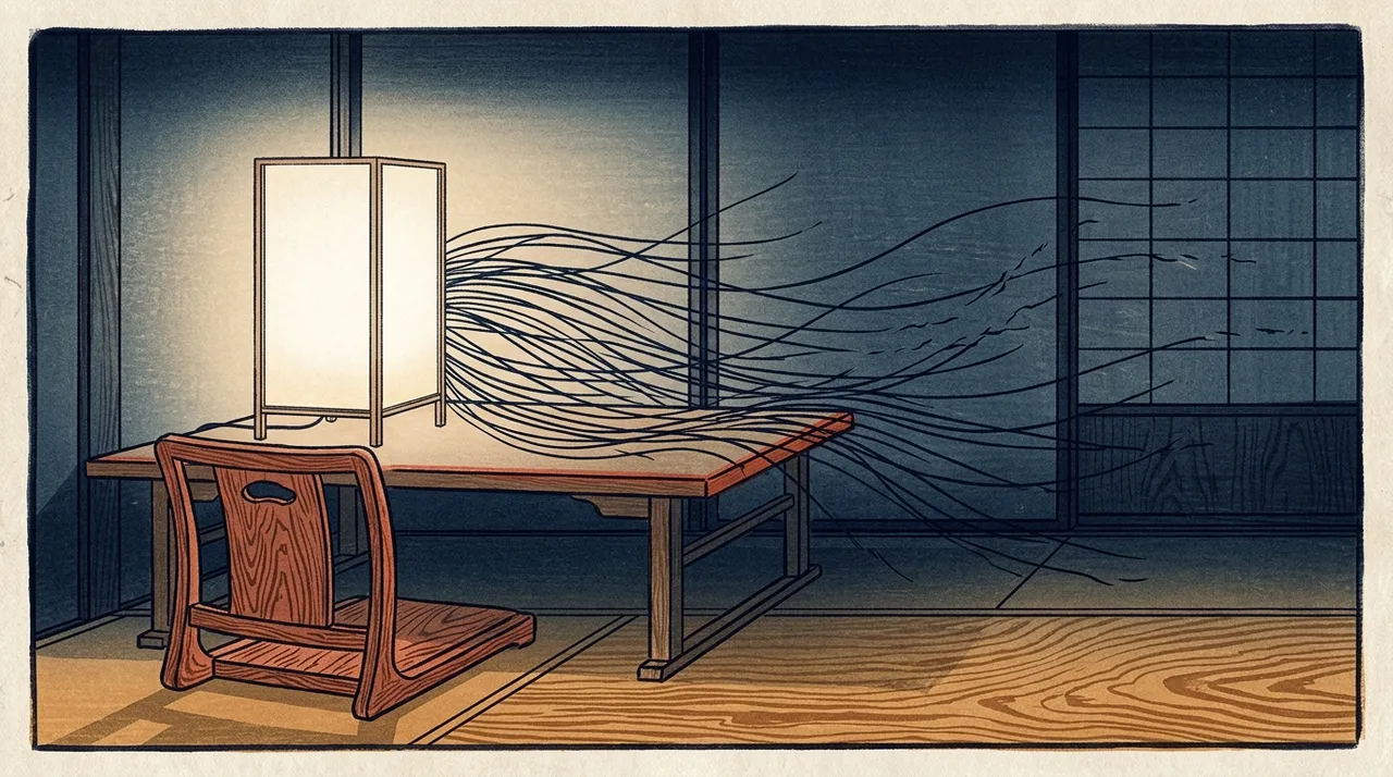 A lit screen at an empty desk with nobody in the chair, words reaching out of it into the dark room