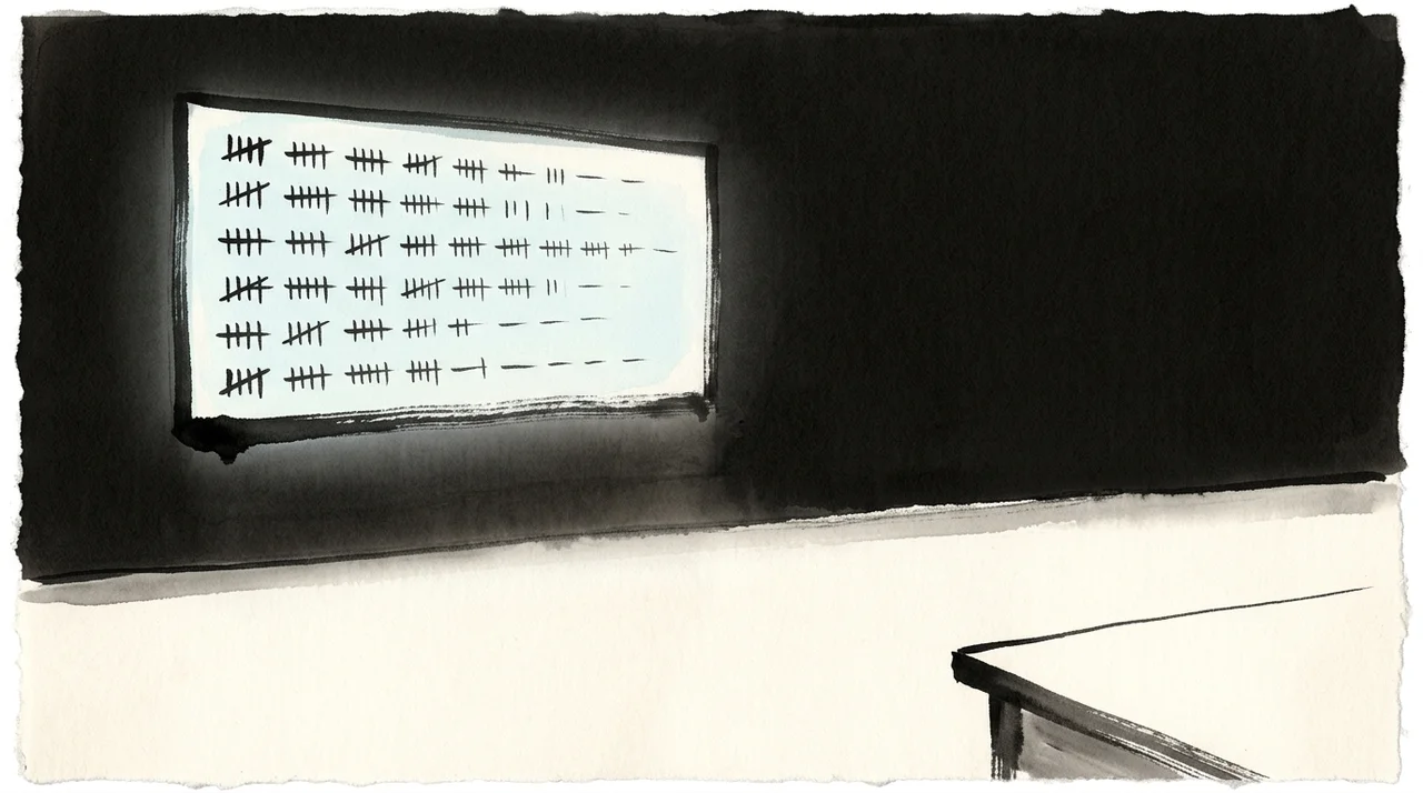 A dim trading room screen showing a very large balance, with the ledger book open beside it and the same figure nowhere in its columns