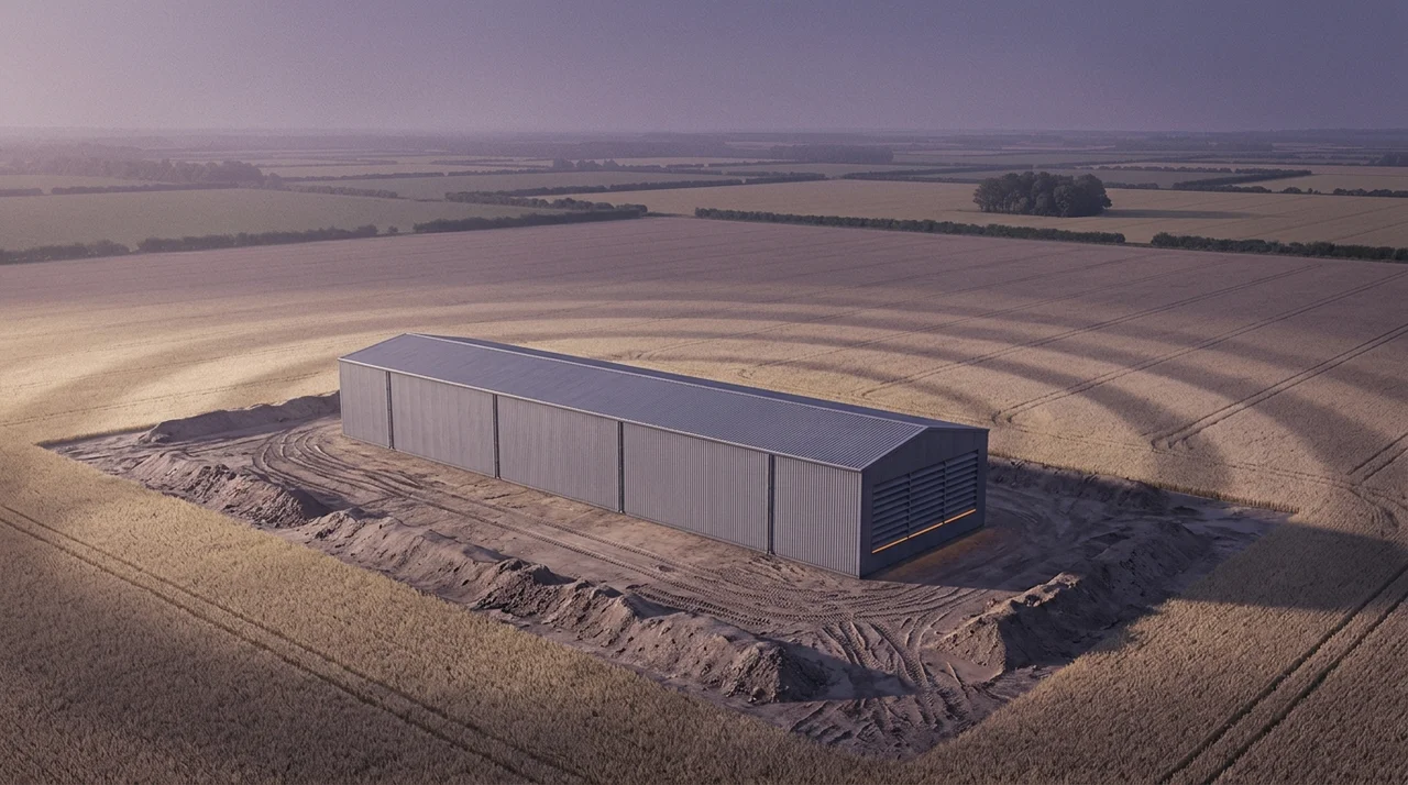 A long windowless hall standing alone on cleared ground, with the surrounding farmland drawn out toward the horizon