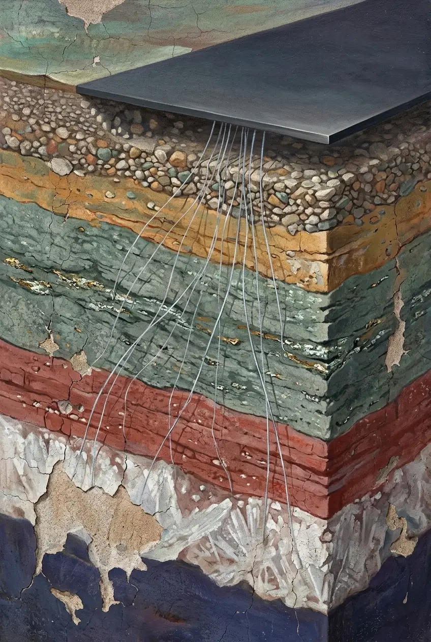 A cutaway of ground layers descending into the earth, threads of light rising out of the mineral bands and gathering into one flat dark plane at the surface