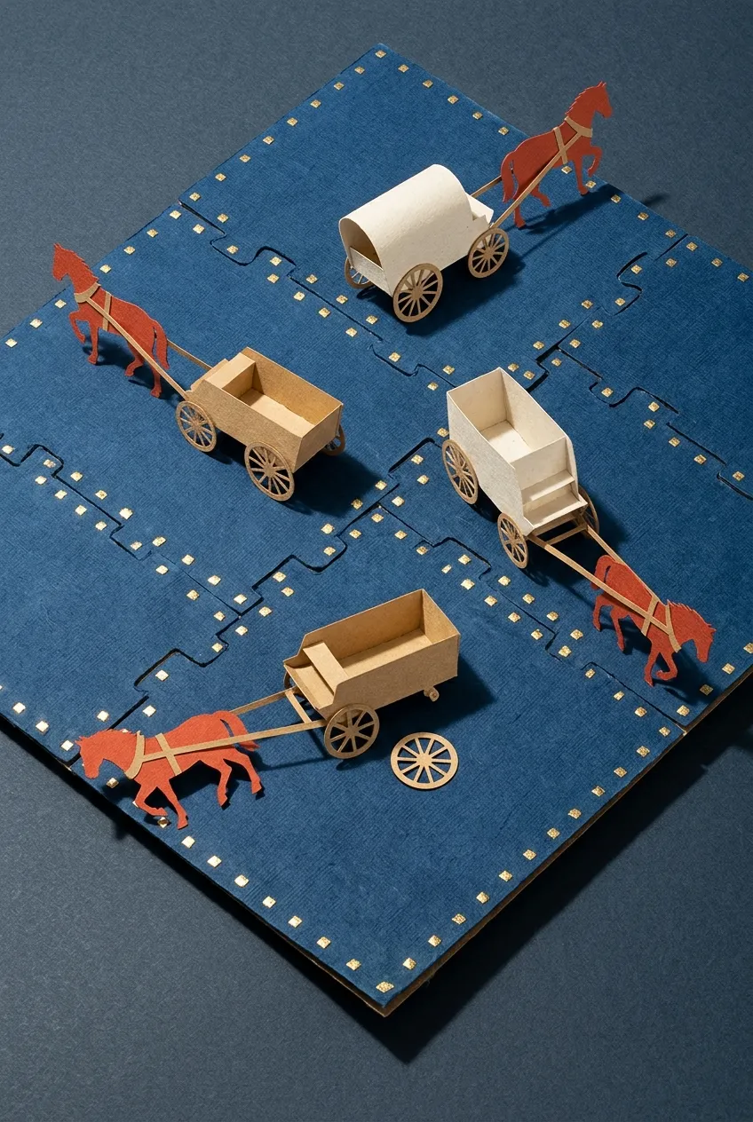 One large flat interlocking plate seen from above with four small wagons standing on it, each hitched to a different horse, all four still resting on the same plate