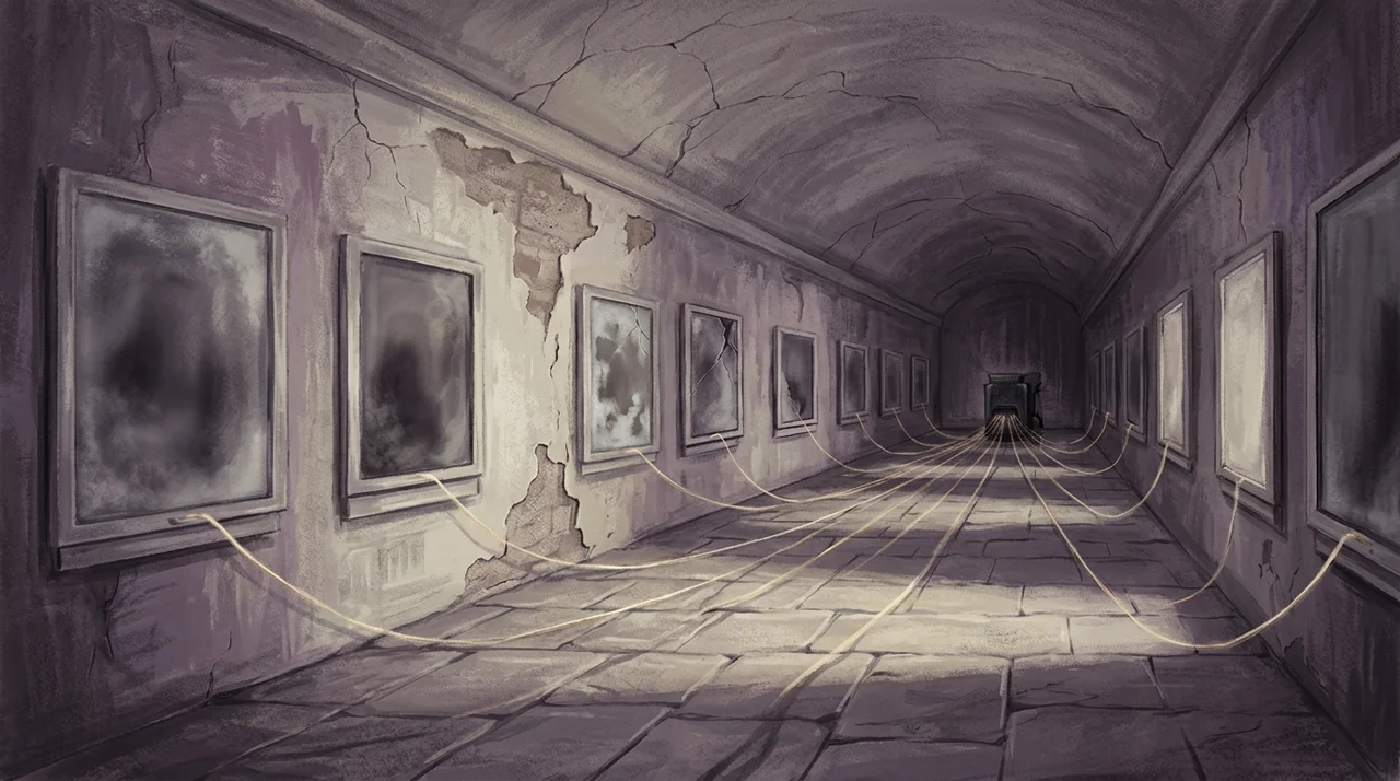 A long hall of closed sleep chambers with figures lying inside them, each chamber trailing a thread of light into a single dark apparatus at the far end