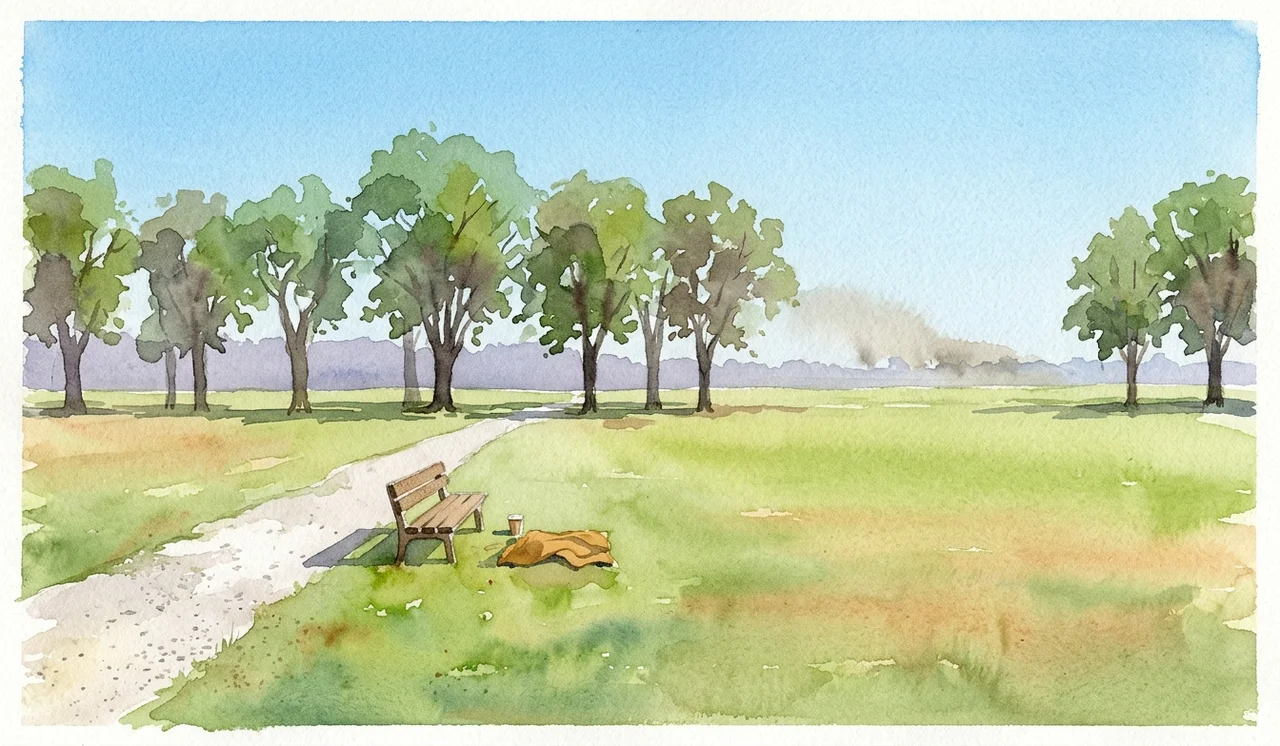 A sunny park lawn and an empty curving path, with a faint haze of smoke low on the horizon beyond the trees