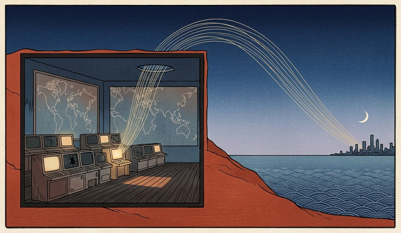 A dim room of glowing screens beside a world map, with thin lines of light reaching out from it to a distant city skyline