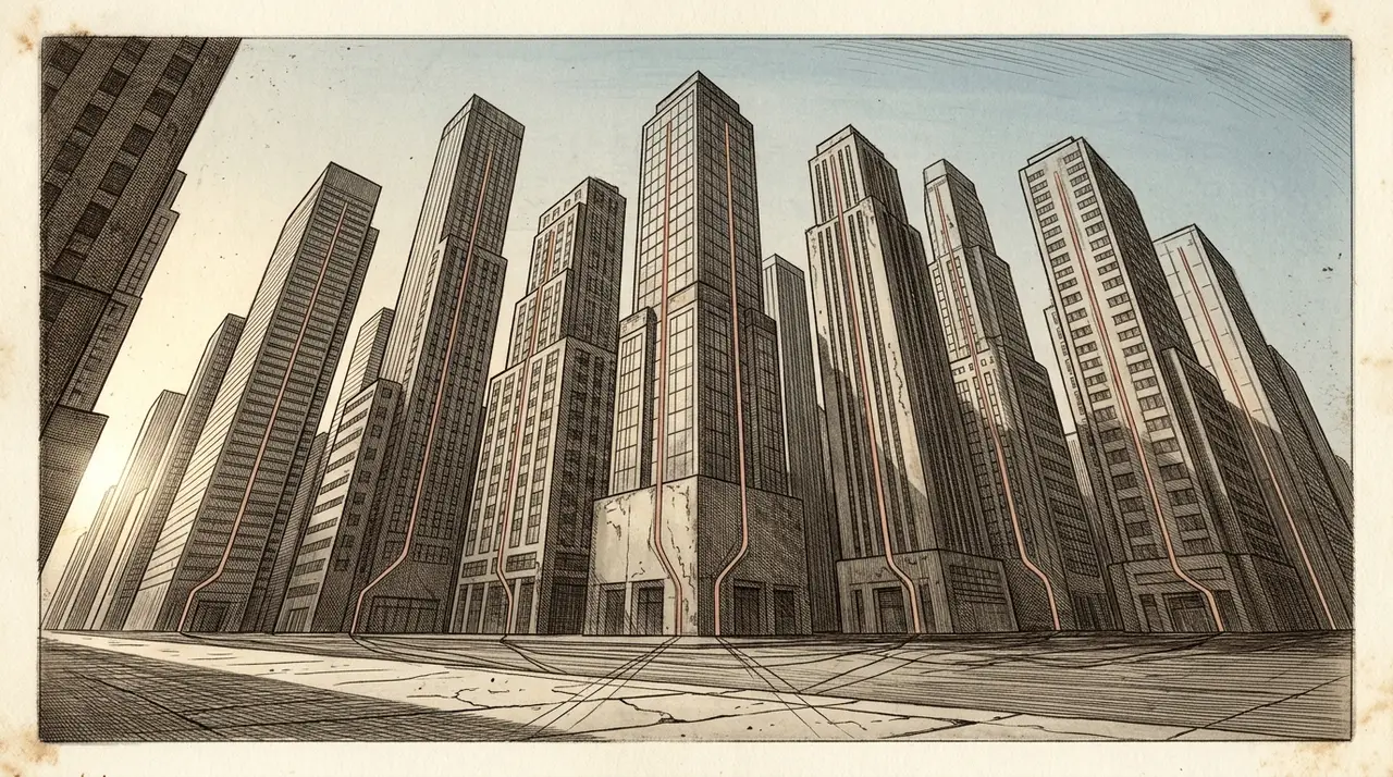 A dense skyline of tall towers seen from street level, with faint lines running down through each building and bending inward at its base