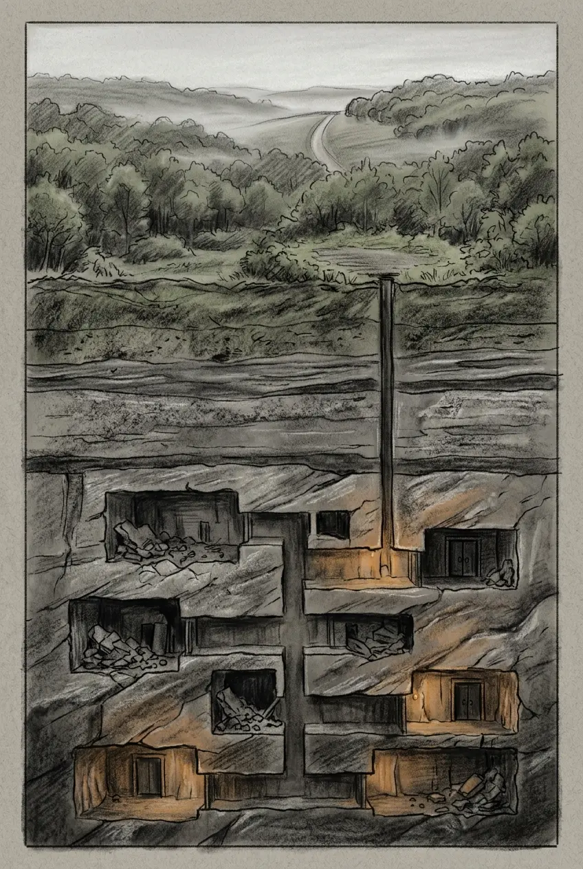 A tall cross-section of quiet wooded hills, with lit corridors and chambers stacked deep beneath the ground
