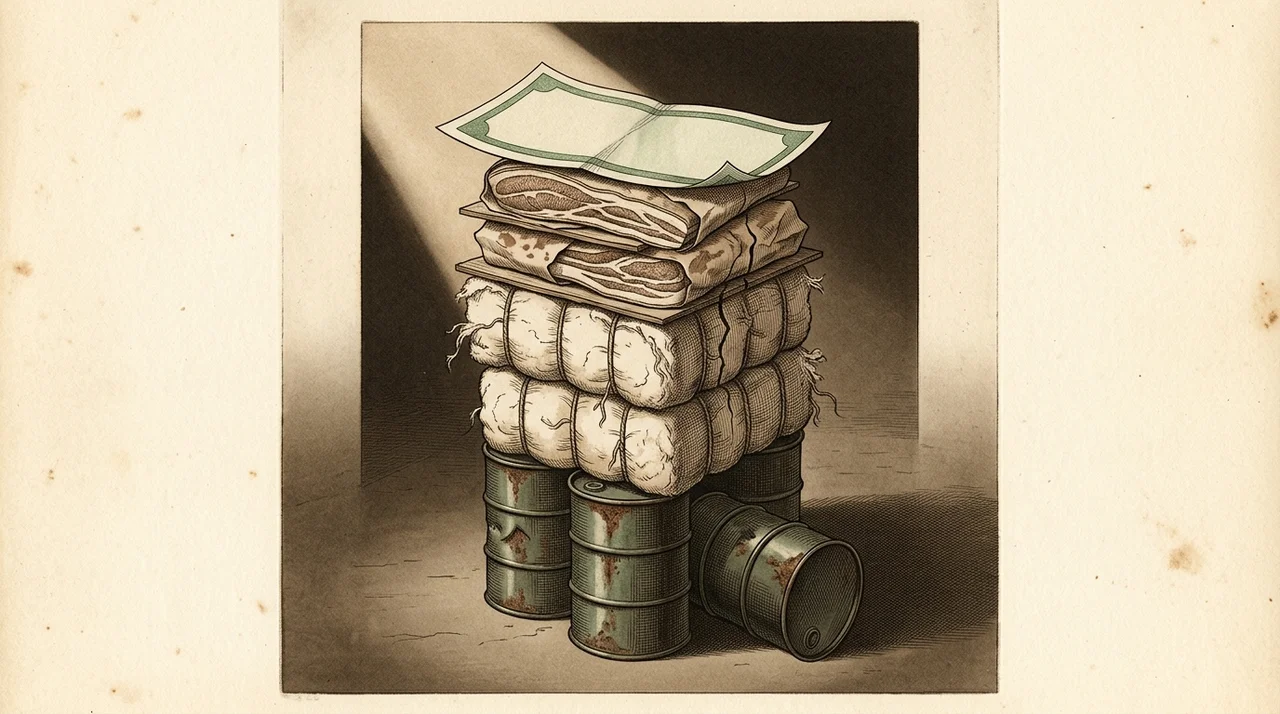 A single dollar bill resting on top of stacked layers of goods, with pork, bales of cotton and oil barrels piled underneath it