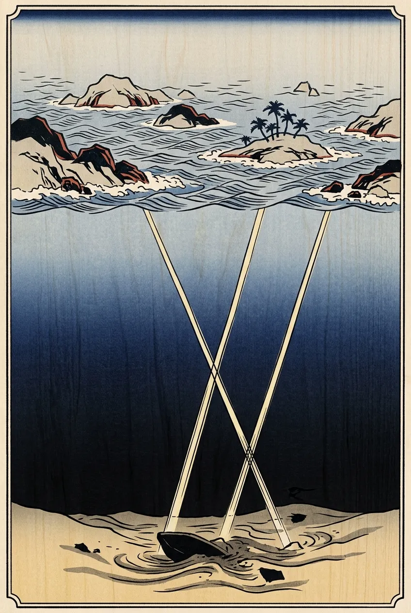 A tall view of small islands scattered across a narrow strait, with beams of searching light reaching down through the water toward the seabed