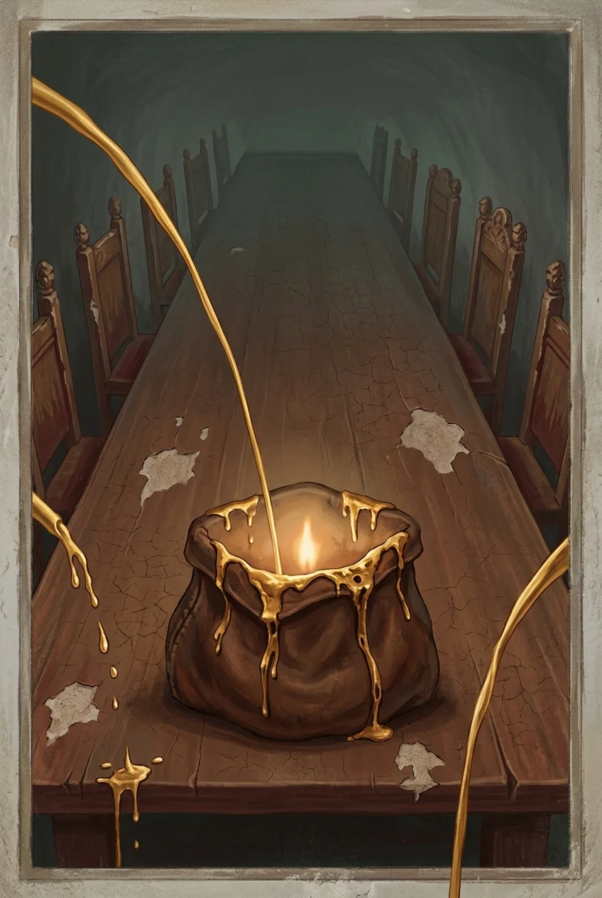 A tall panel showing streams of gold from many directions pouring down into one deep pocket set on a long council table