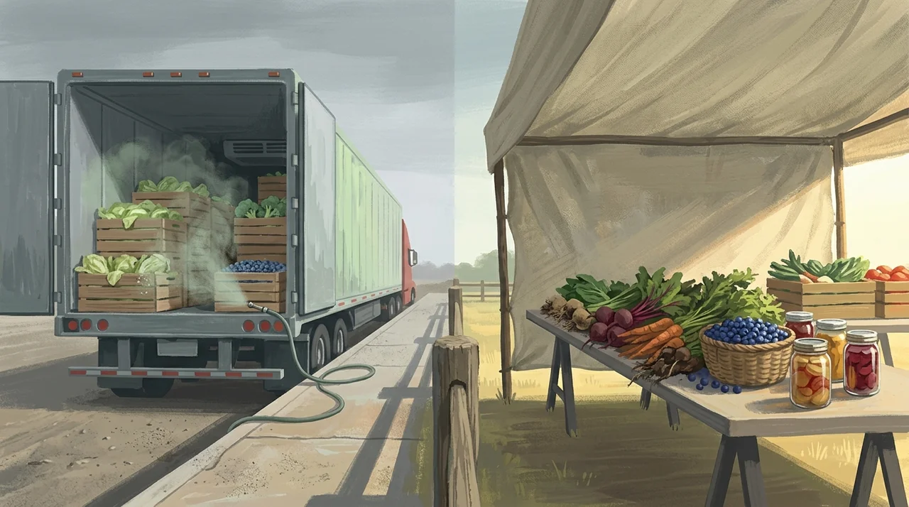 On one side a long-haul truck of crated produce under a chemical spray mist, on the other a sunny farmers market table of fresh vegetables