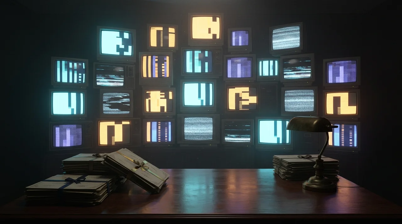 Rows of glowing figures on a wall of screens, half of them flickering out, watched from a dim office desk stacked with treasury papers