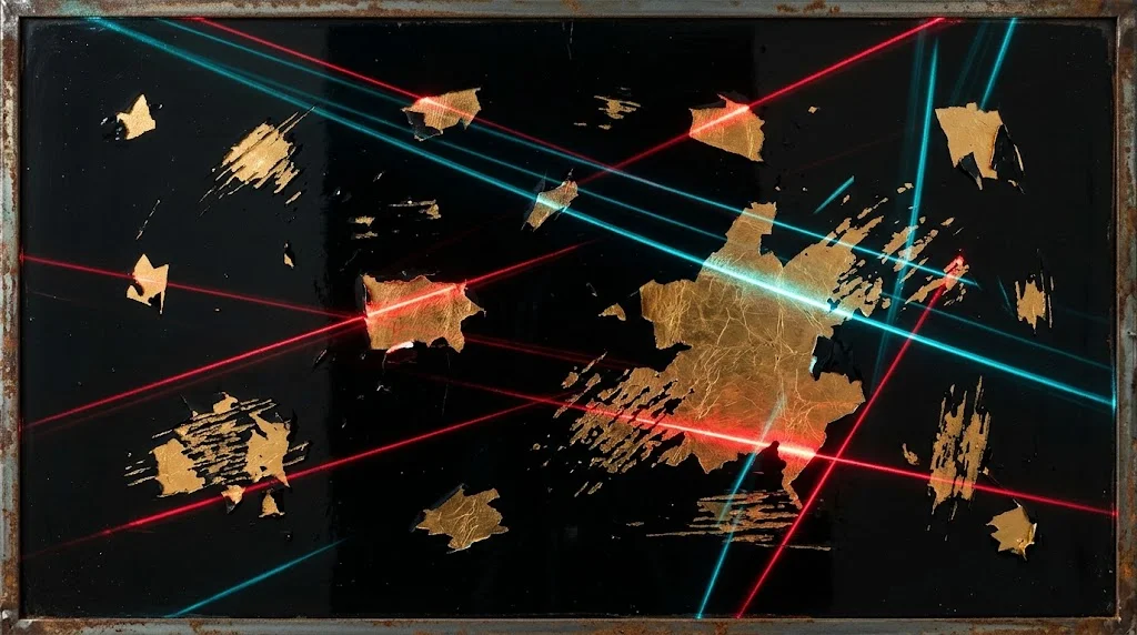 A pane of glass painted black, with small scraped openings where gold shows through and thin laser lines sweeping across the surface