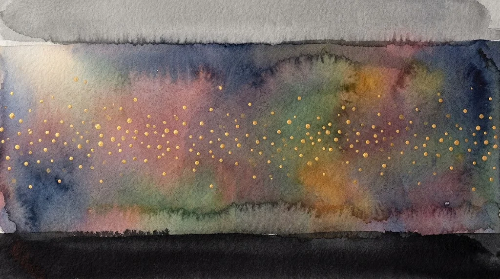 Gold particles spread far apart and floating in a haze of many colors, with a flat dark layer below them and another above