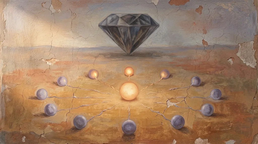 A ring of dim points of light set around one brighter light at the center, with a large diamond that has lost its light far off in the background