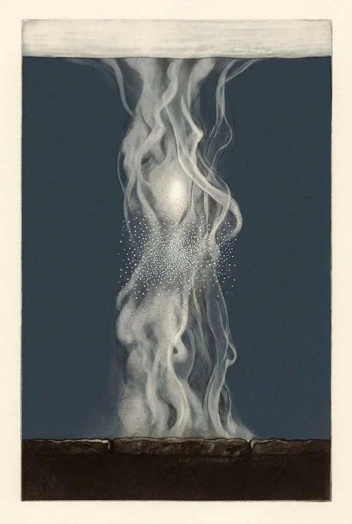 A tall column of whitish gray smoke moving up and down between a dark floor at the bottom and a pale ceiling at the top, resolving into tiny particles of light where it is seen up close