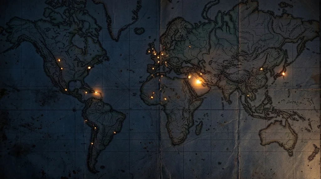 A dim world map with points of light glowing at scattered places across the Americas, Europe, Africa, the Middle East and the Pacific