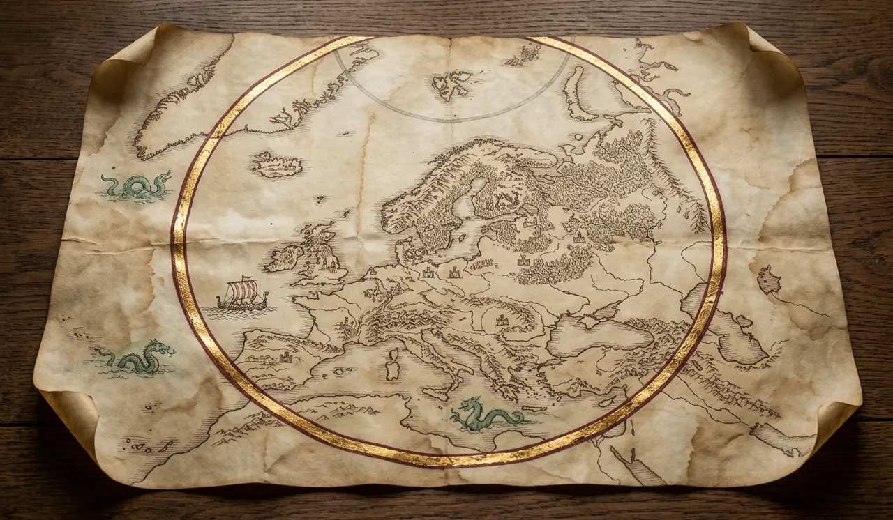 An old parchment map with an Arctic Circle line drawn much further south than the one on modern maps, and a Viking ship sailing along the coast