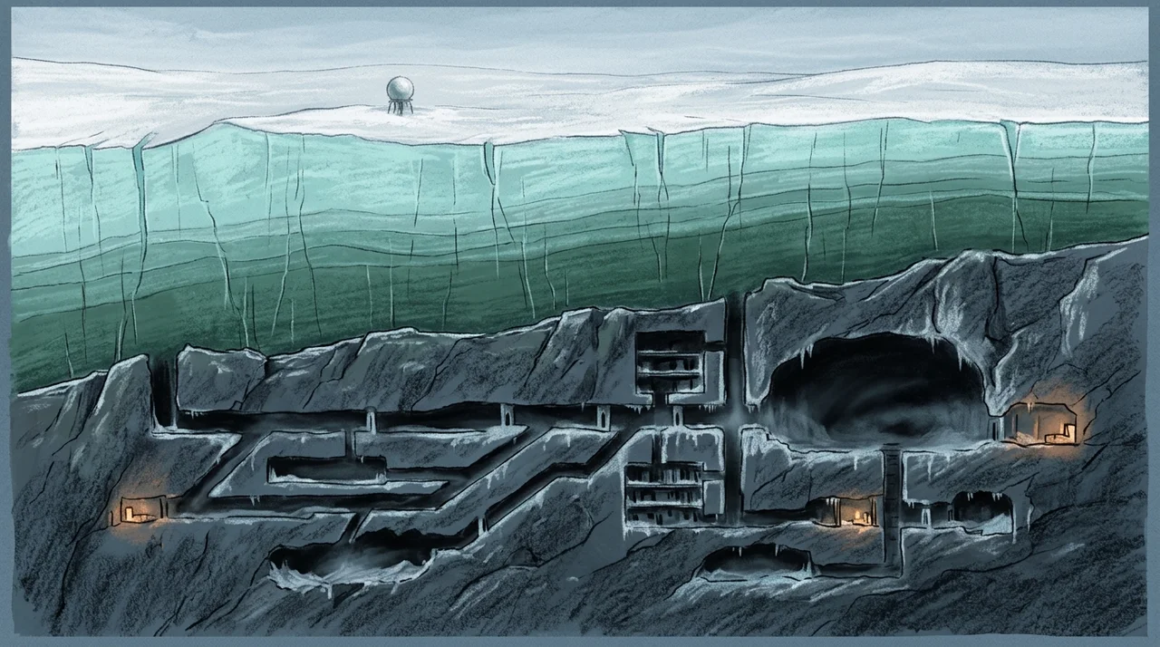 A cross-section of a thick ice sheet with a vast underground base spread out beneath it, most of its lights gone dark
