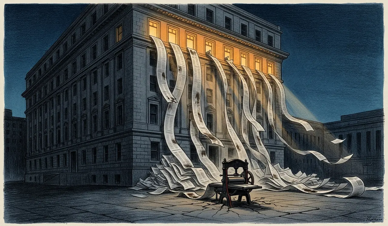 A government office building at night with only one floor lit, where newspapers are being printed with headlines about events that have not happened yet