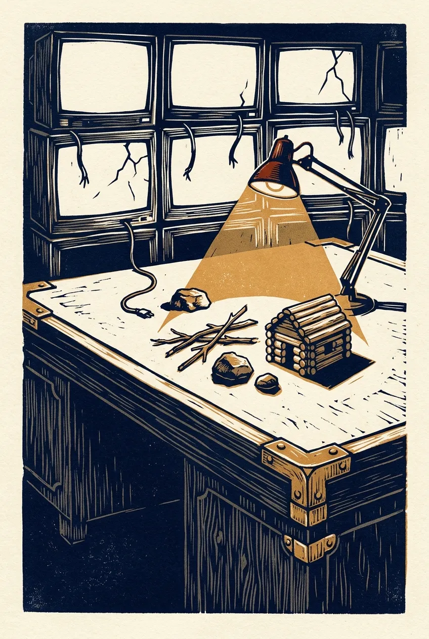 A command-room desk with nothing left on it but toy logs, sticks and rocks