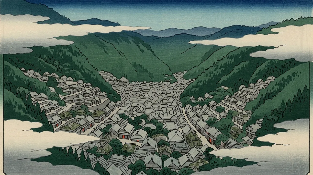 A satellite view looking down on a mountain valley, where rows of rooftops crowd a place listed as having no population