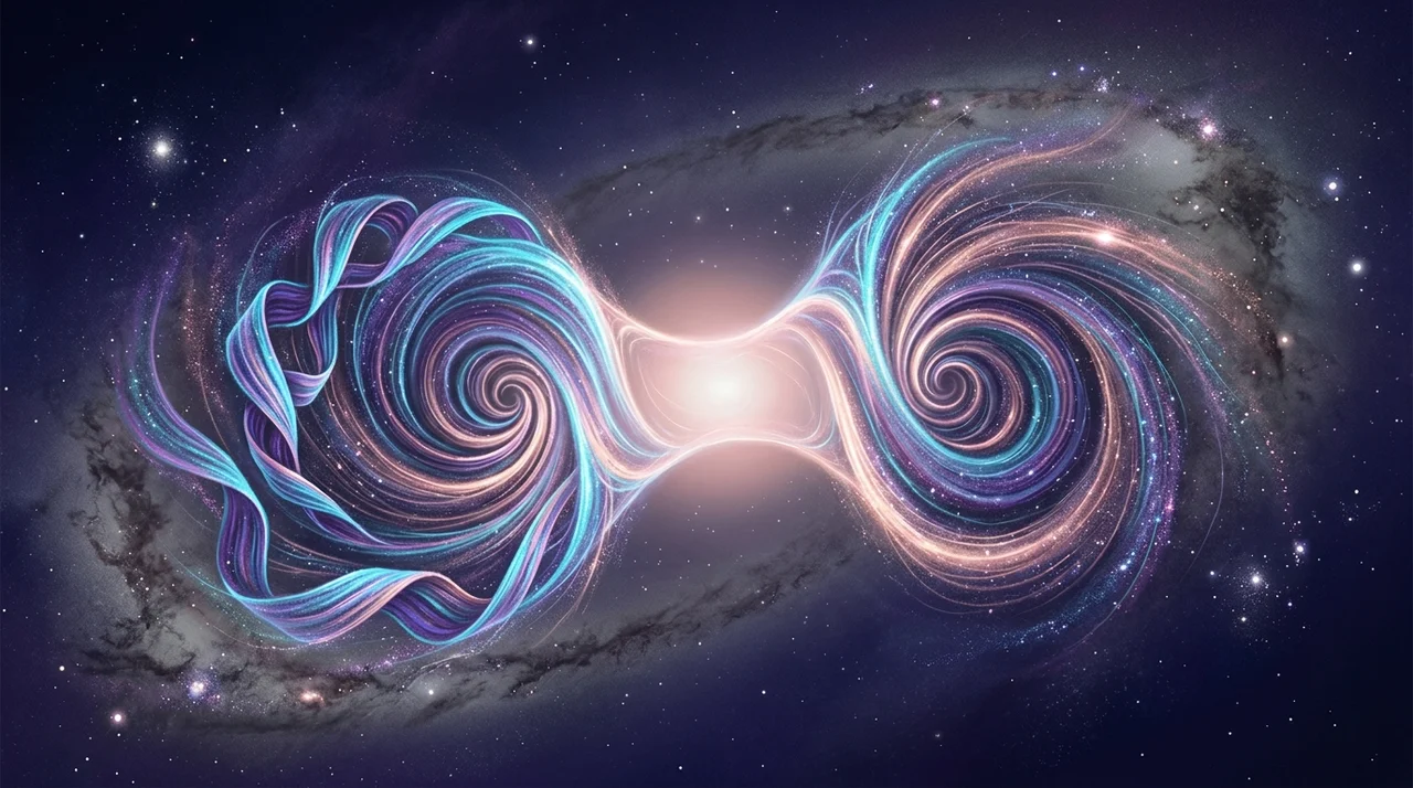 A double vortex at the heart of a galaxy, a stream spiraling in on one side and spinning out the opposite way on the other