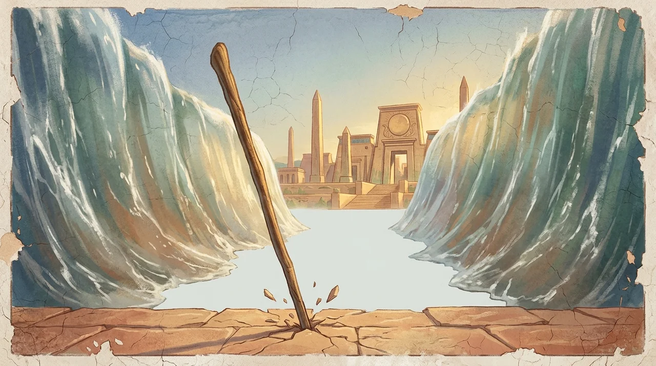 In an ancient city of the sun, a staff strikes the ground and walls of water draw apart, opening an empty space between them