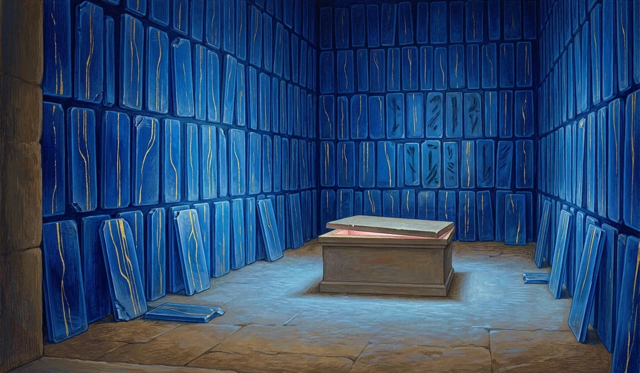 An underground room lined with deep blue tablets like sapphire, gold writing running up and down them like streams of data, with the outline of an altar in the middle