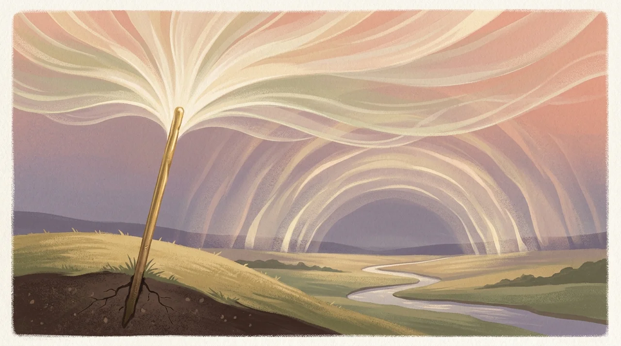A plain golden staff driven into the ground, with a canopy of light spreading upward from it