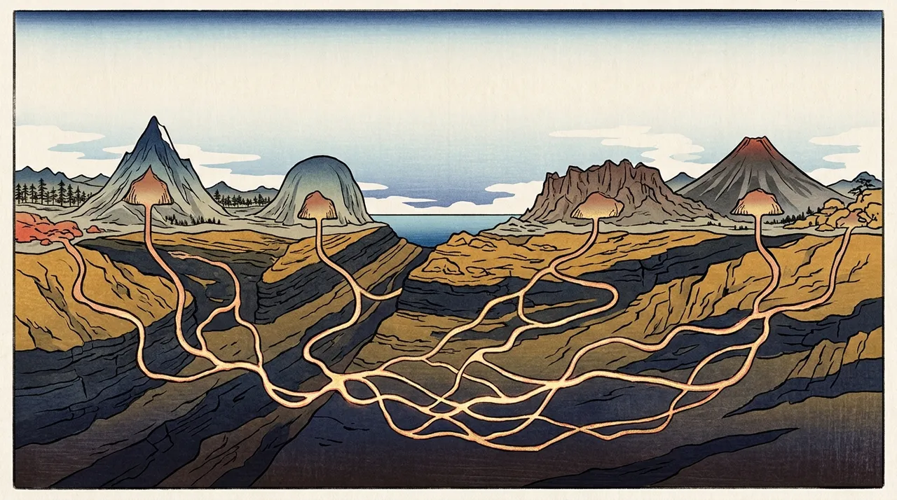 Beneath a continent, a single web of light runs underground, linking bases under mountains through long tunnels