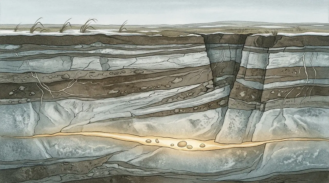 A cross-section of permafrost, layer upon layer of ice, with a faint stream of glowing water running deep inside and tiny forms of life resting within it