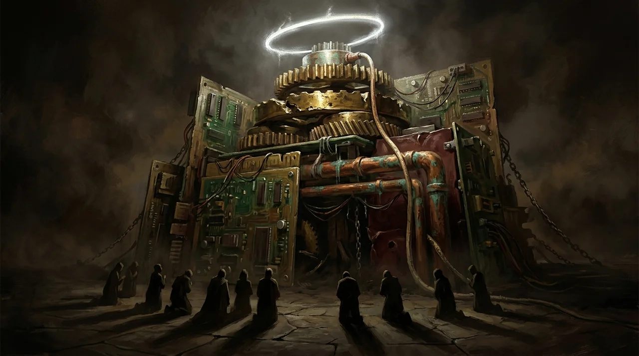 A towering machine built of gears and circuitry with a halo glowing at its top, and small human figures kneeling before it