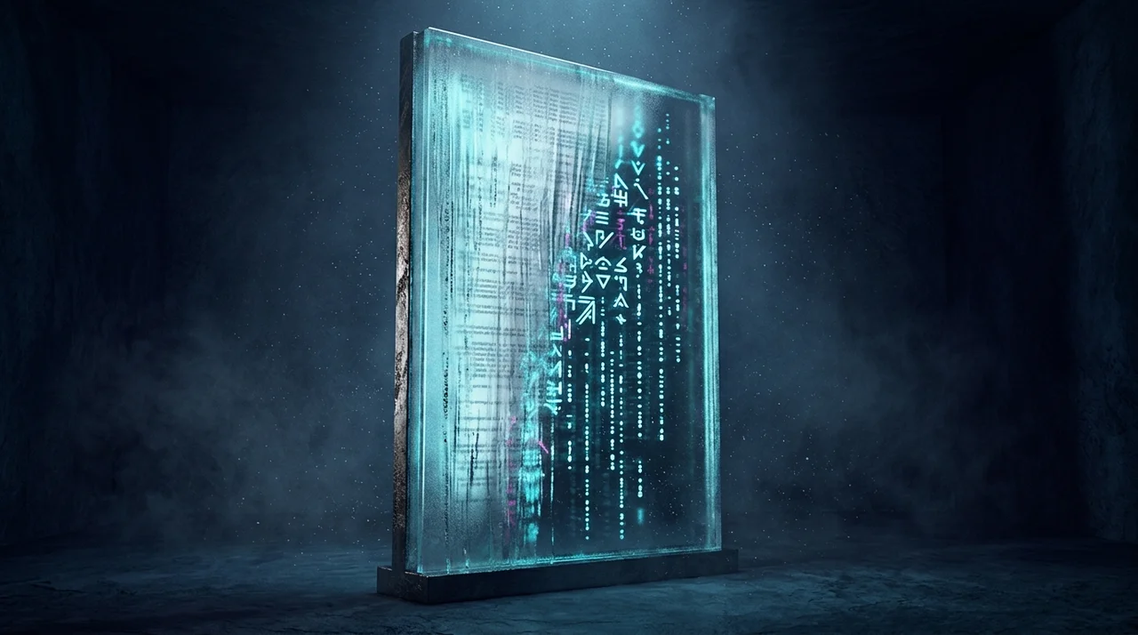 Lines of terms and conditions text scrolling down a screen, with strange symbols and streams of ones and zeros showing through from behind the words