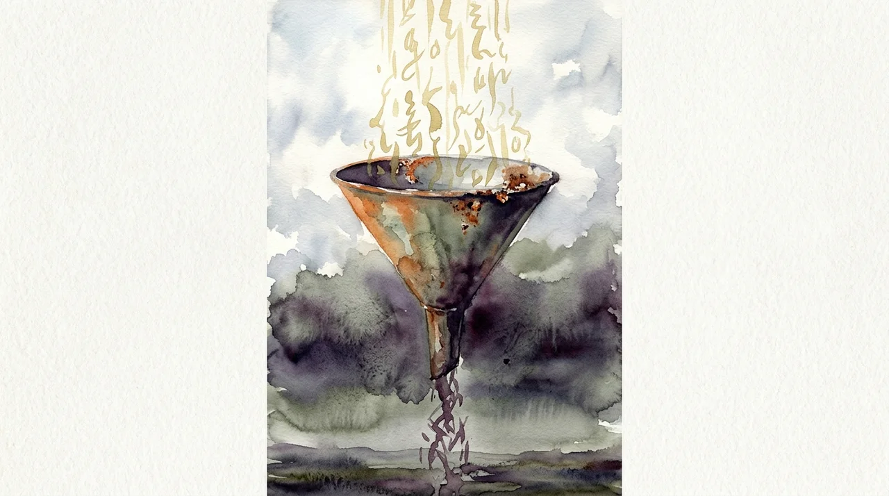Words made of light falling from above into a huge dark funnel, with a murky, reversed stream flowing out of its narrow end below