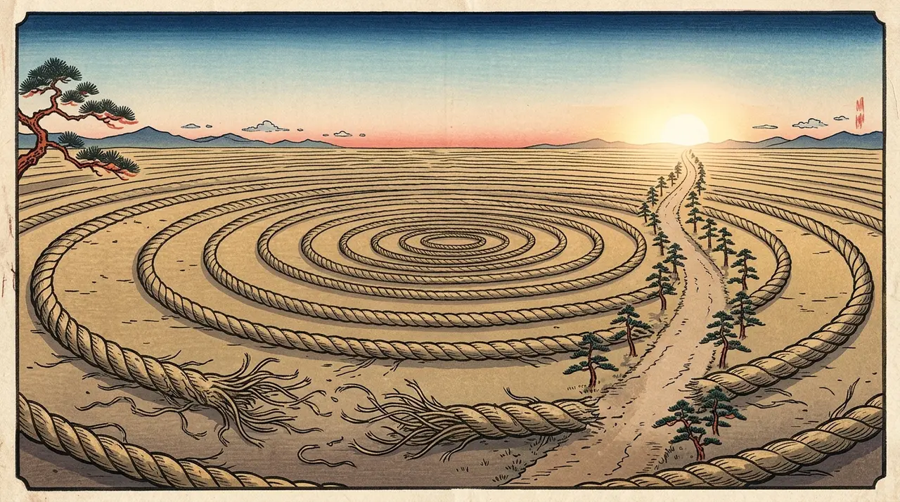 Many nested rings of a loop, one of them come undone, with a single path running forward from the gap