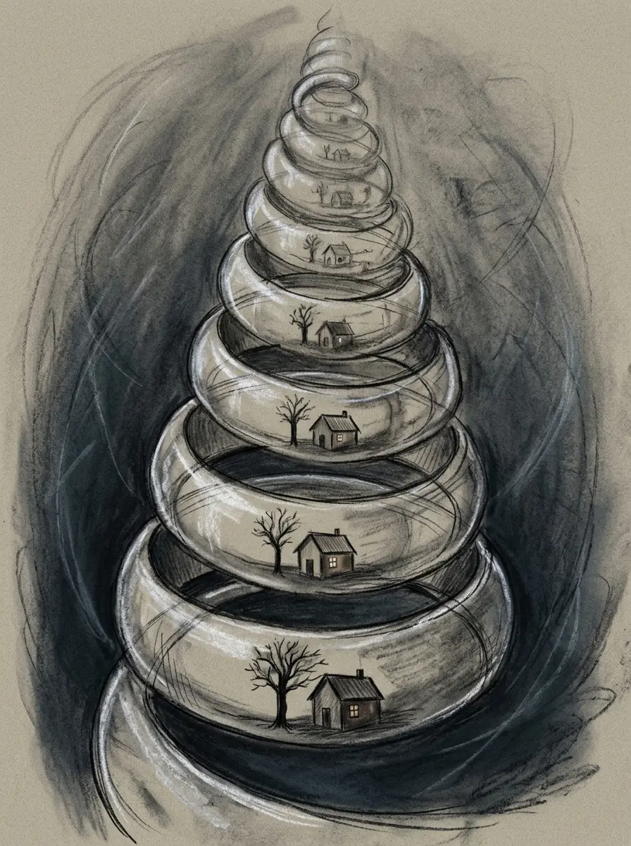 A transparent tube stretched into a spiral vortex, with the same small scene repeating again and again inside it
