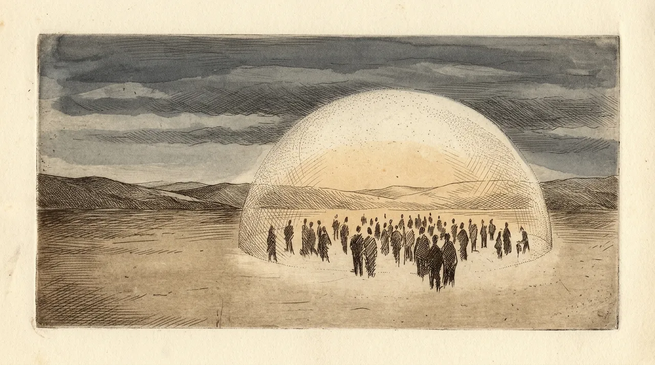 A crowd of people, each wrapped in a faint shell of light, the shells overlapping into one large dome